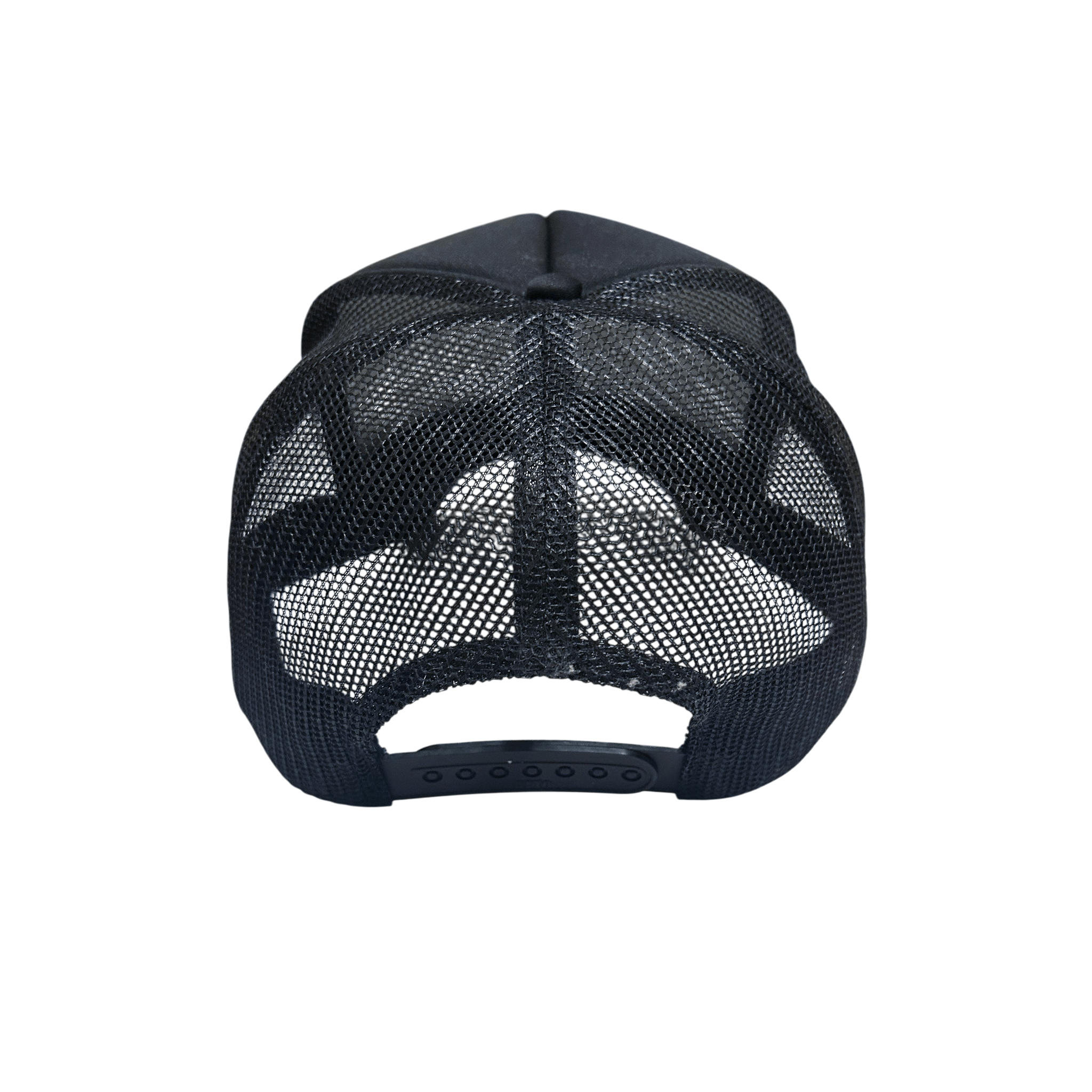 Back view of the BFBRKN Trucker (Black) cap showcasing its mesh design and adjustable snapback.